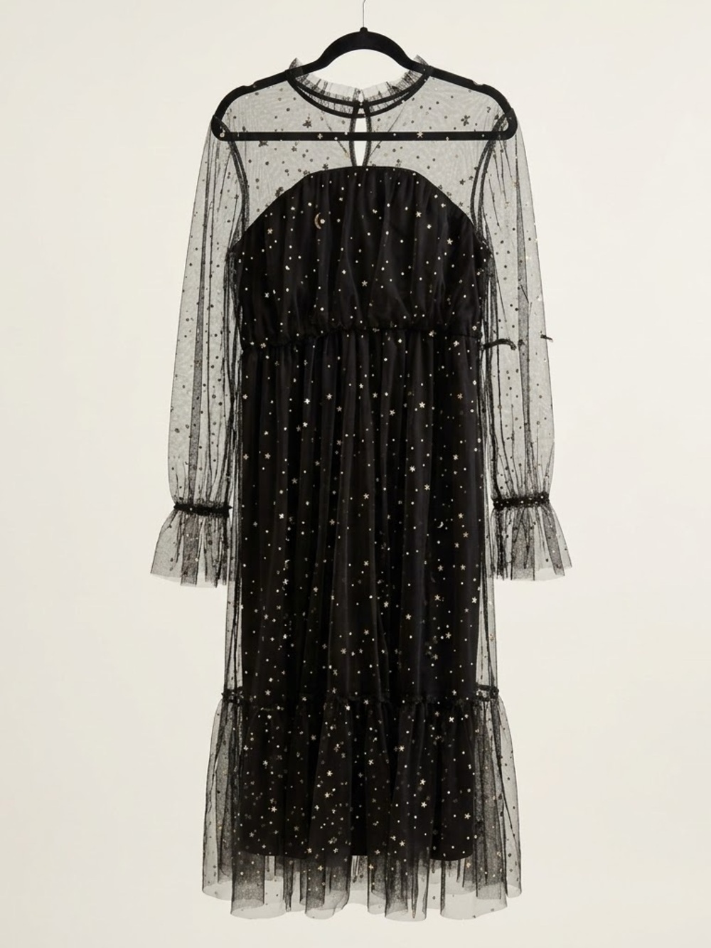 Black Gold Star Moon Celestial Mesh Tulle Midi Dress Halloween XL